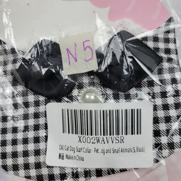 NWT tiny cat / dog scarf collar gingham with pearl and black bow - Picture 5 of 5